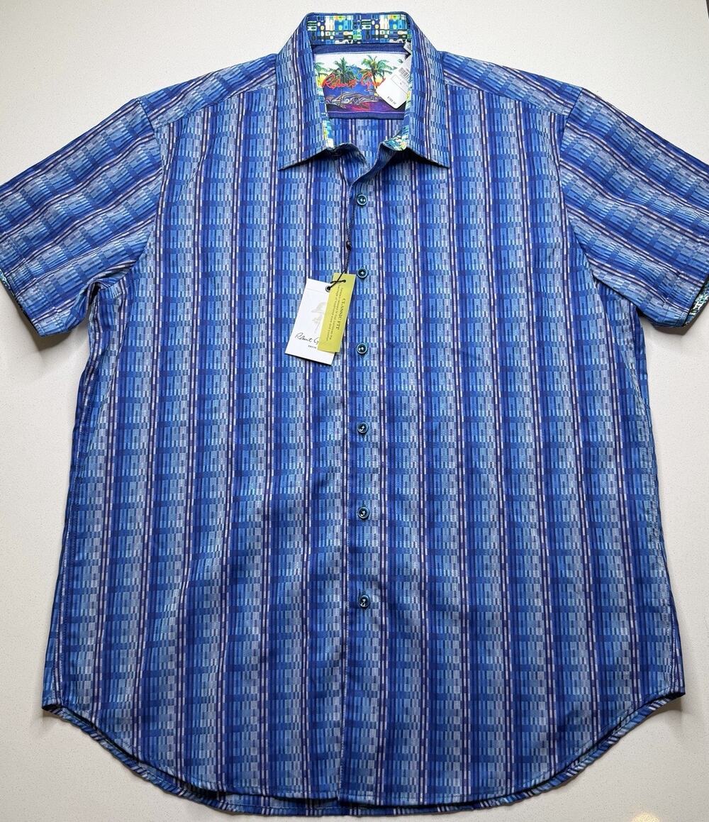 New Robert Graham Shirt Men's XL Blue Button Up Short Sleeve Classic Fit Geo